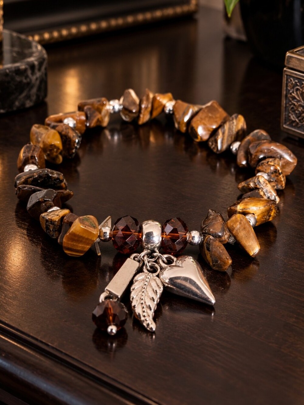 Boho Tigers Eye Chip Bracelet w/ Charms - Pre-loved (6")